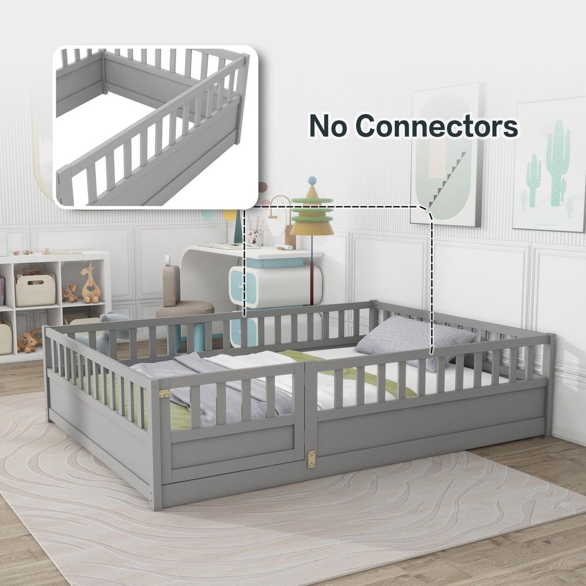 Full size Floor bed, integral construction with super high security barrier, door, children's floor bed frame, Montessori wooden children's floor bed, Grey