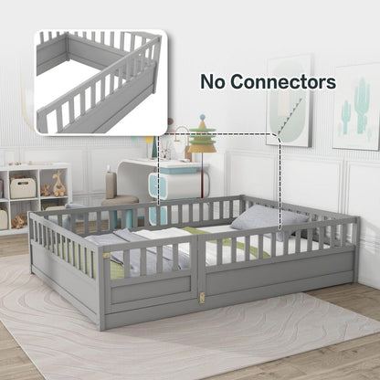 Full size Floor bed, integral construction with super high security barrier, door, children's floor bed frame, Montessori wooden children's floor bed, Grey