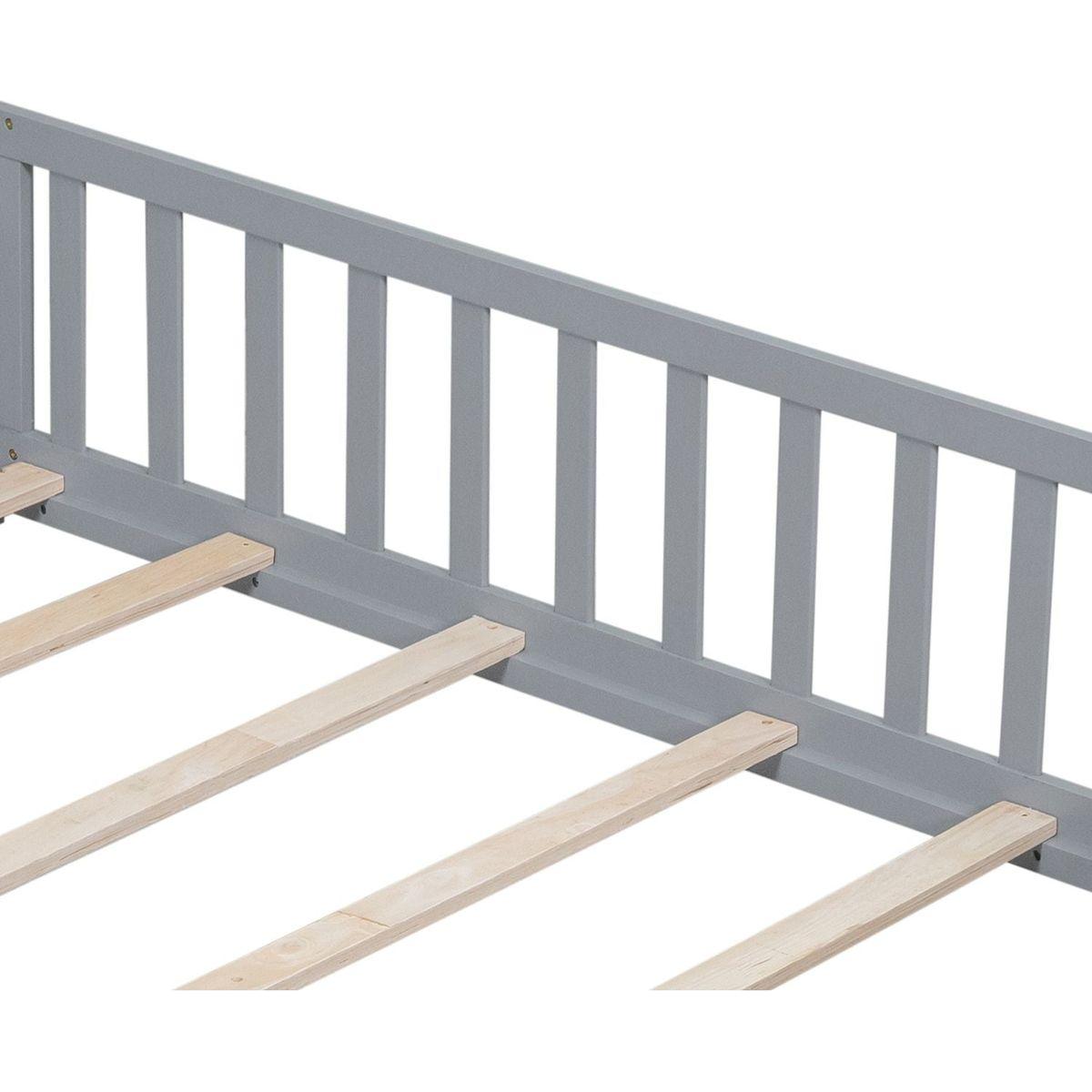 Full Size Floor Platform Bed with Fence and Door for Kids, Montessori Floor Bed Frame with Support Slats for Toddlers, Wooden Floor Bed Grey