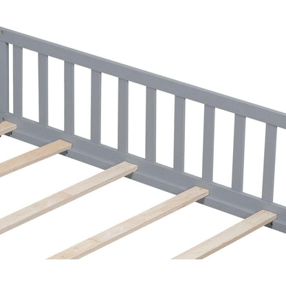 Full Size Floor Platform Bed with Fence and Door for Kids, Montessori Floor Bed Frame with Support Slats for Toddlers, Wooden Floor Bed Grey