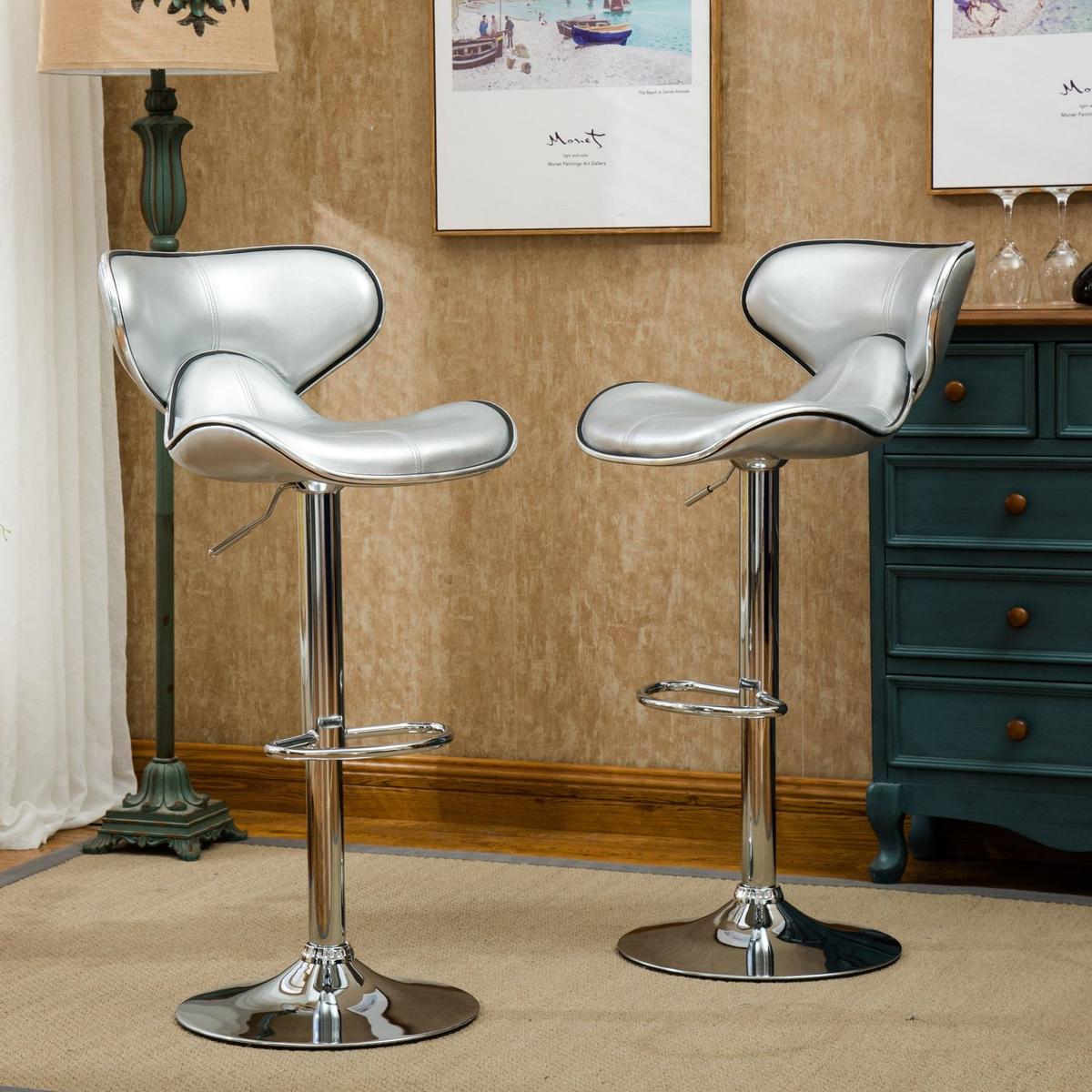 Masaccio Upholstery Airlift Adjustable Swivel Barstool with Chrome Base, Set of 2, Silver - Streamdale Furniture