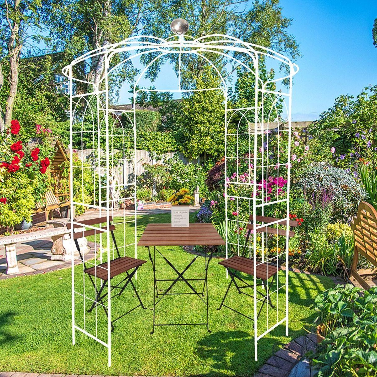 Metal Garden Arch Iron Garden Arbors Gazebo Dia 81.3" x 114.2" High Birdcage Shape Pergola Pavilion for Wedding Ceremony White