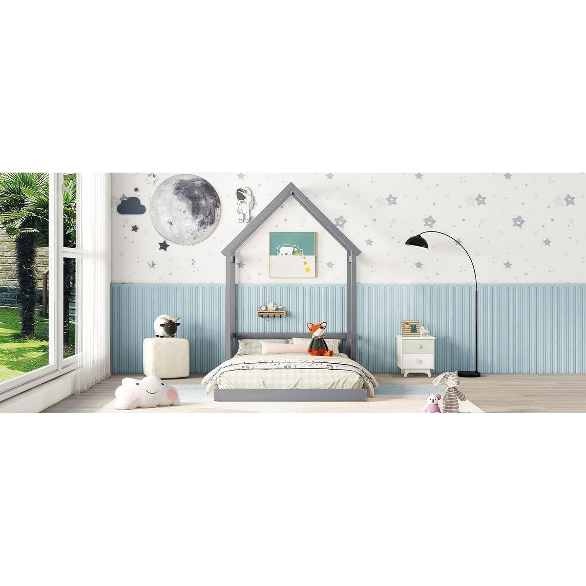 Full Roof-framed Headboard Floor Bed with Headboard Guardrails, without Slats, Grey