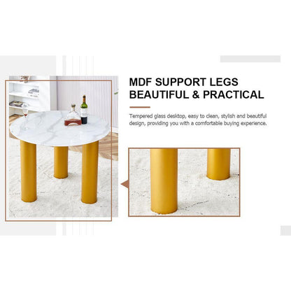 Round white dining table, artificial marble glass stickers, golden MDF legs, kitchen dining table, living room dining table 40 "x 40" x 29.4 "F-X03