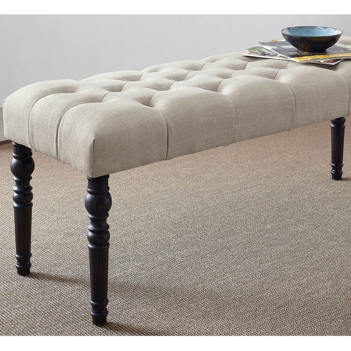 Leviton Fabric Tufted Turned Leg Dining Bench, Tan