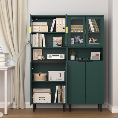 Tall Storage Show Cabinet with 2 Glass Display Door & 2 Doors, Tall Kitchen Pantry Cabinet with Gold Handles, Modern Cabinet Freestanding for Bathroom, Dining Living Room, Green