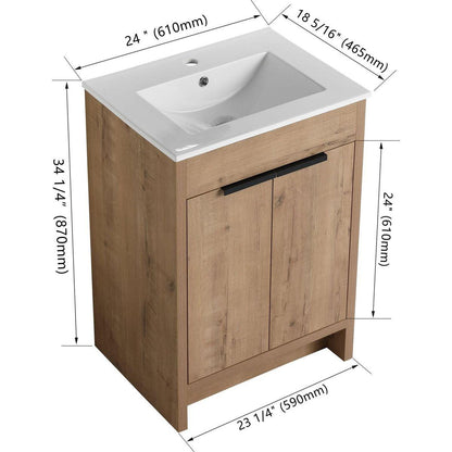 24" Freestanding Bathroom Vanity with White Ceramic Sink & 2 Soft-Close Cabinet Doors ((KD-PACKING),BVB02424IMO-G-