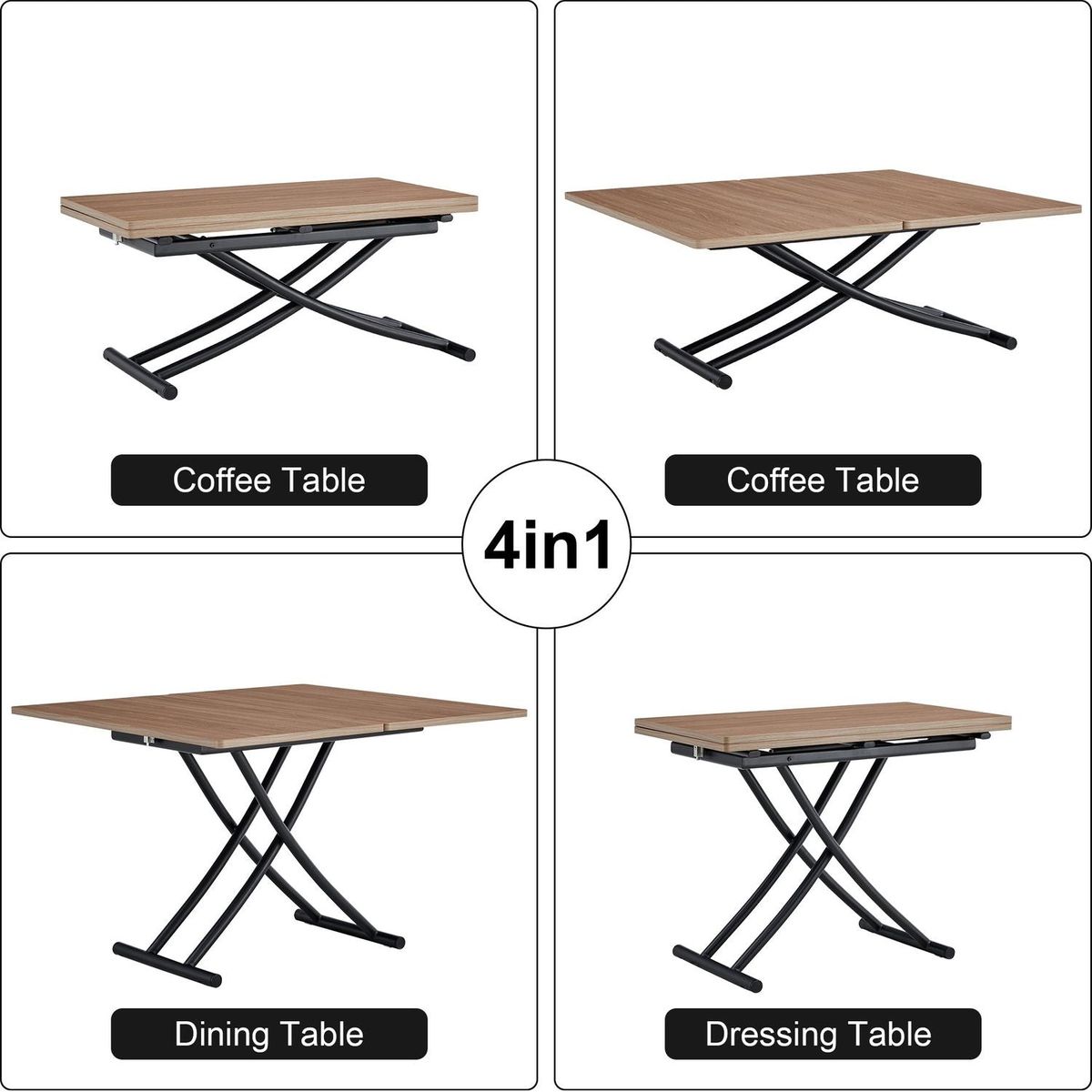 Modern minimalist multifunctional lifting table, 0.8-inch wood grain craft sticker desktop, black metal legs. Paired with 4 faux leather upholstered dining chairs with black metal legs