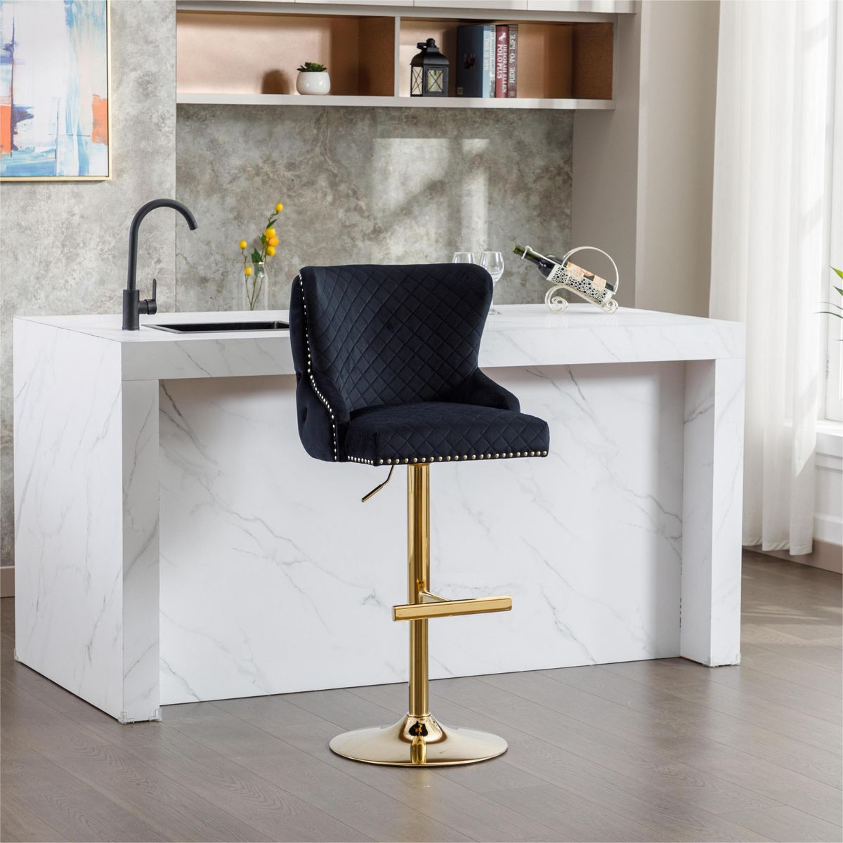 Hengming Velvet bar chair stool one-piece set, adjustable height, diamond lattice against the back to pull the lion's head with zipper decoration,set of 1