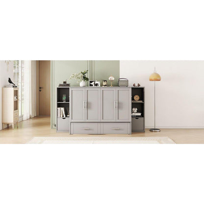 Full Size Murphy Bed with Shelves, Drawers and USB Ports,Gray
