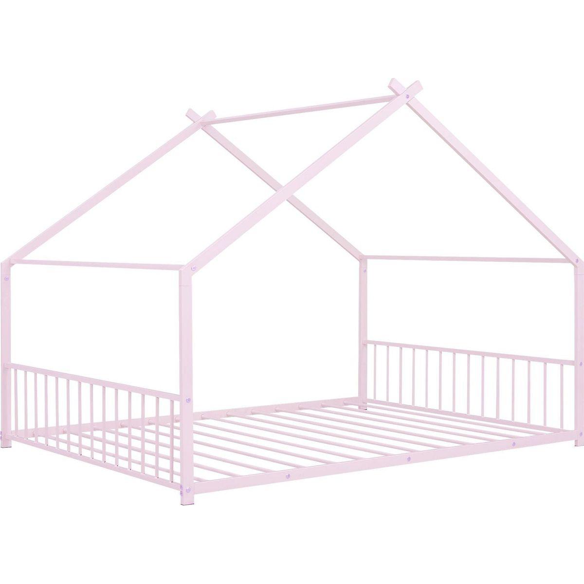 Full Size Metal House Bed, Pink