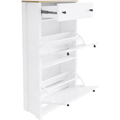 Slim Shoe Cabinet Set with 4 Flip Drawers, Wood Grain Pattern Top Shoe Storage Solution with Adjustable Panel, Modern Style Shoe Rack with Drawers for Hallway, White