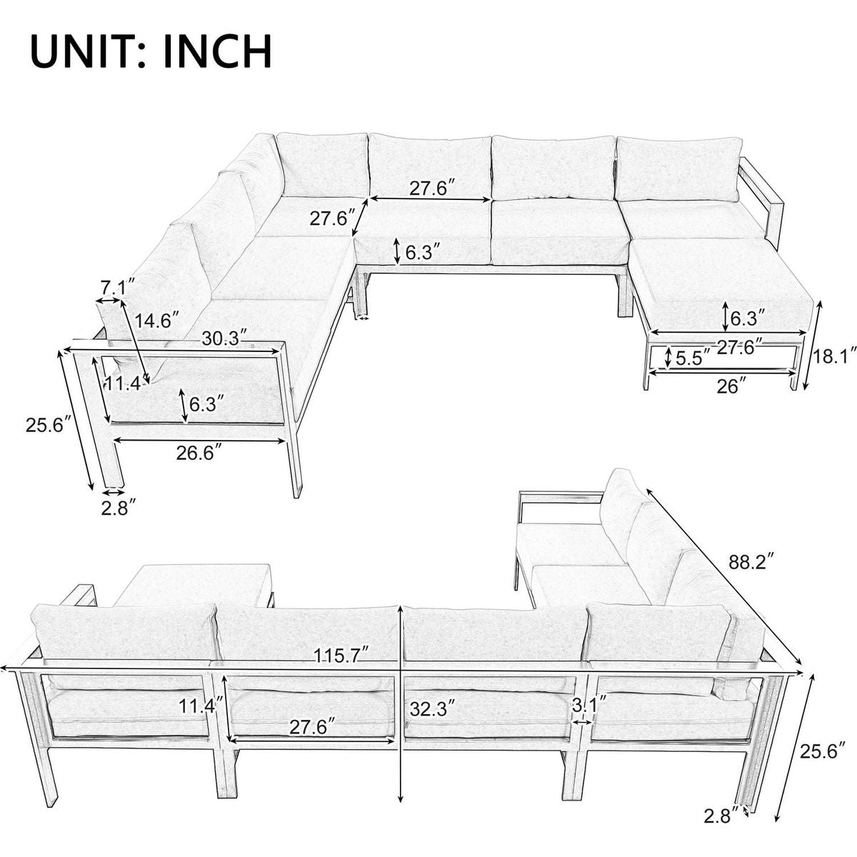 U-shaped multi-person outdoor sofa set, suitable for gardens, backyards, and balconies.