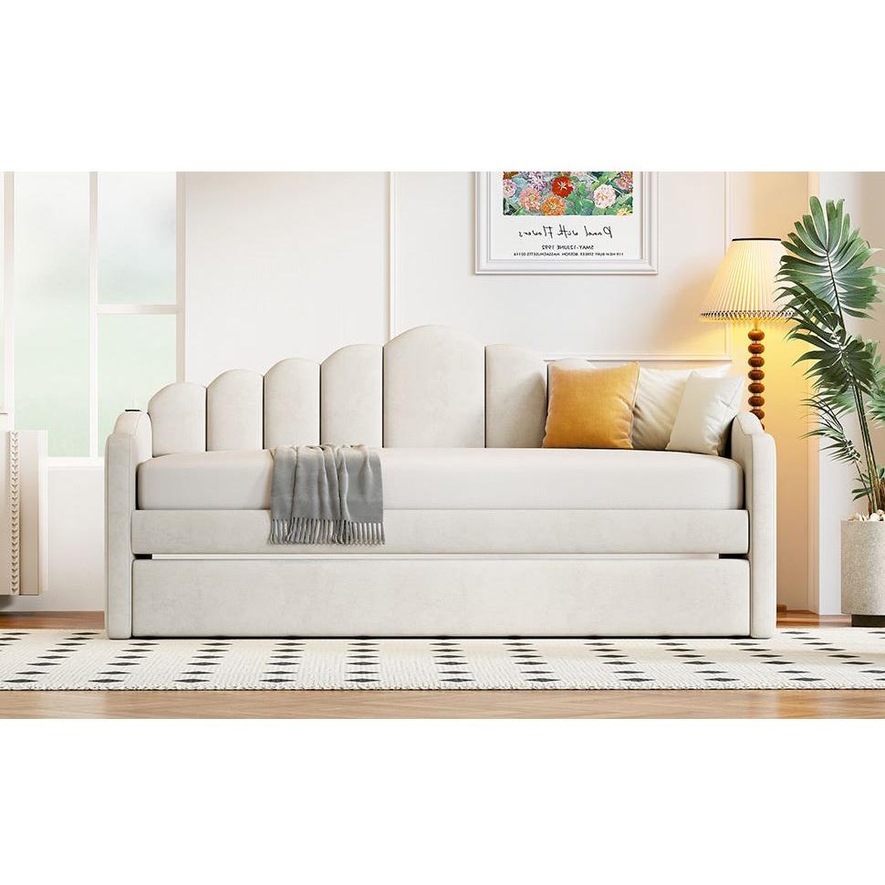 Twin size Upholstered Daybed with Trundle, Velvet Sofabed with USB Charging Ports,No Box-spring Needed,Beige