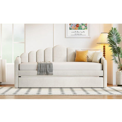 Twin size Upholstered Daybed with Trundle, Velvet Sofabed with USB Charging Ports,No Box-spring Needed,Beige
