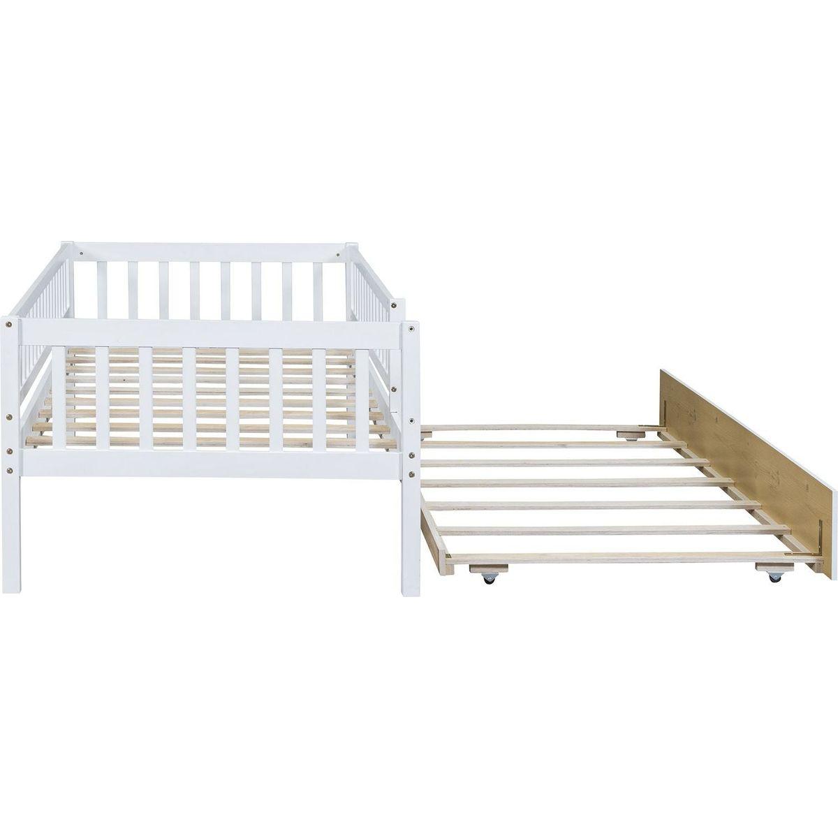 Twin Size Wood Daybed with Trundle and Fence Guardrails, White
