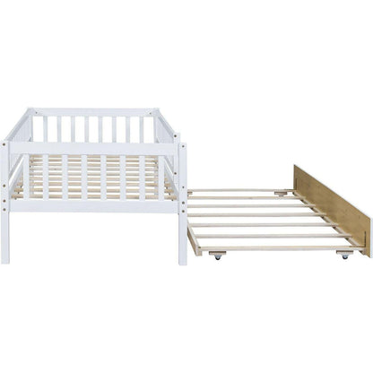 Twin Size Wood Daybed with Trundle and Fence Guardrails, White