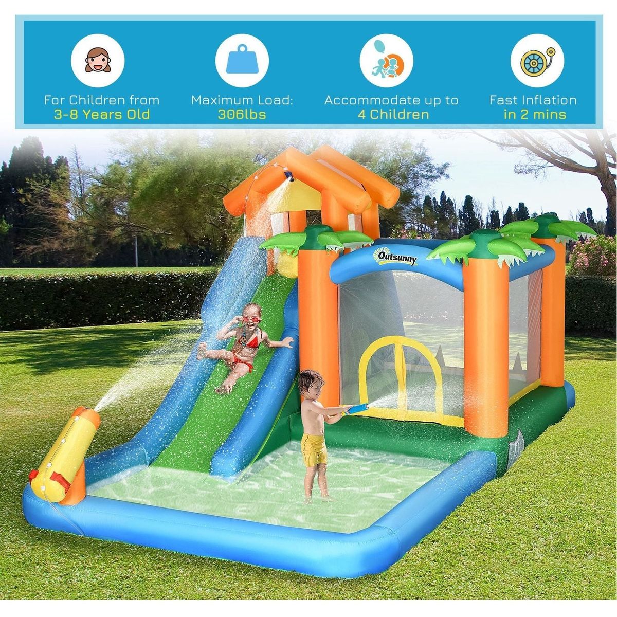 6-in-1 Tropical Inflatable Water Slide Summer Theme Jumping Castle Includes Floating Ball Slide Trampoline Pool Cannon Climbing Wall with Carry Bag, Repair Patches and 450W Air Blower