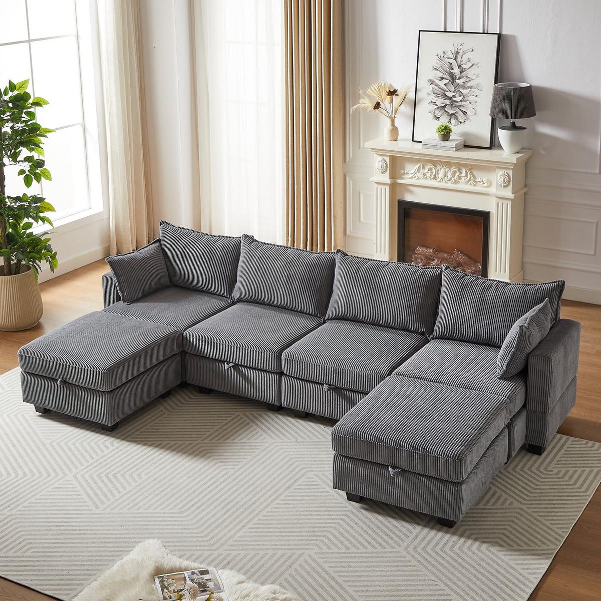 113.5" Modular Sectiona Corduroy Sofa, Sectional Couches for Living Room U Shaped Sectional Couch with Storage Ottoman, 6 Seats Convertible Sectionals with Chaise