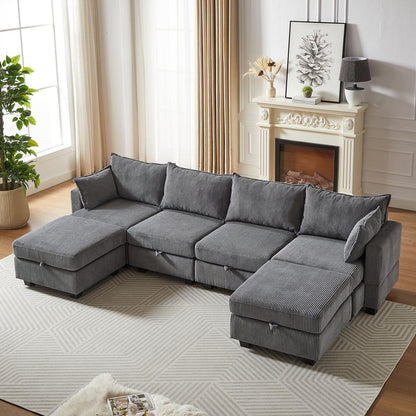 113.5" Modular Sectiona Corduroy Sofa, Sectional Couches for Living Room U Shaped Sectional Couch with Storage Ottoman, 6 Seats Convertible Sectionals with Chaise