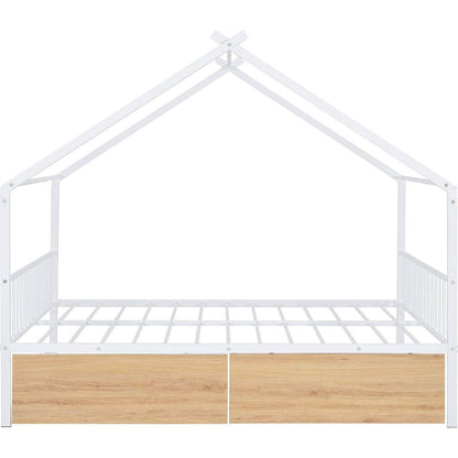 Full Size Metal House Bed with Two Drawers, White
