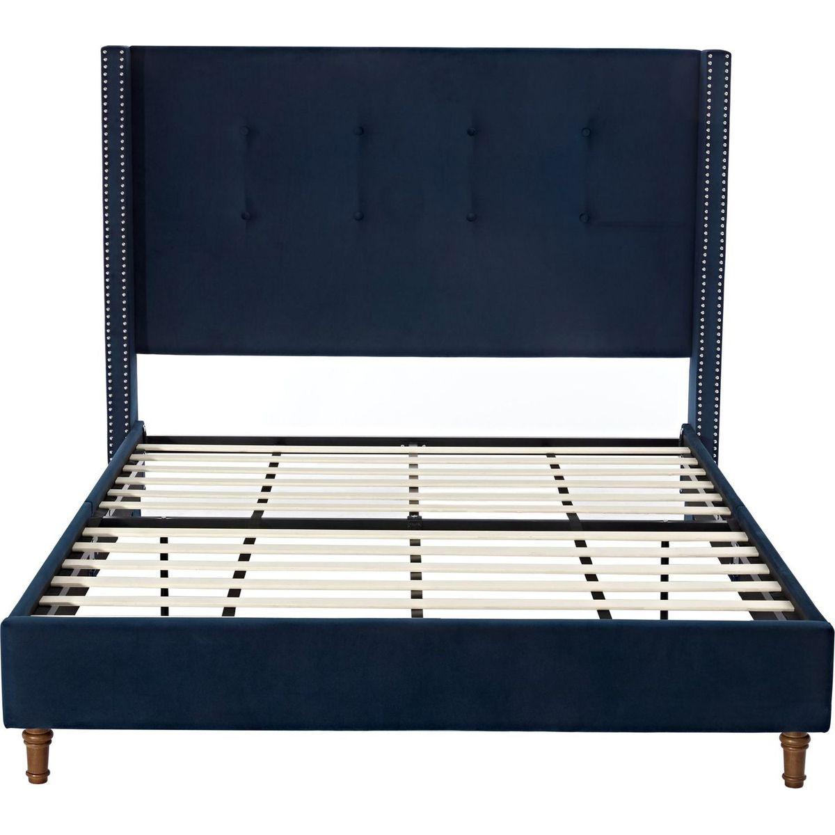 Upholstered Queen Bed / 54" High Headboard / Traditional Hand Buttoned Tufting / Nailhead Trim Wingback / No Box Spring Needed / Easy Assembly / Blue Velvet