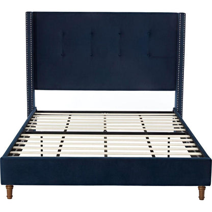 Upholstered Queen Bed / 54" High Headboard / Traditional Hand Buttoned Tufting / Nailhead Trim Wingback / No Box Spring Needed / Easy Assembly / Blue Velvet
