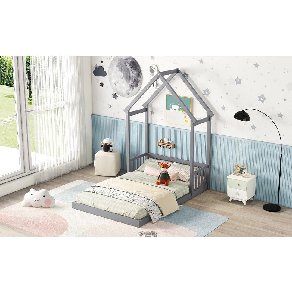 Full Roof-framed Headboard Floor Bed with Headboard Guardrails, without Slats, Grey