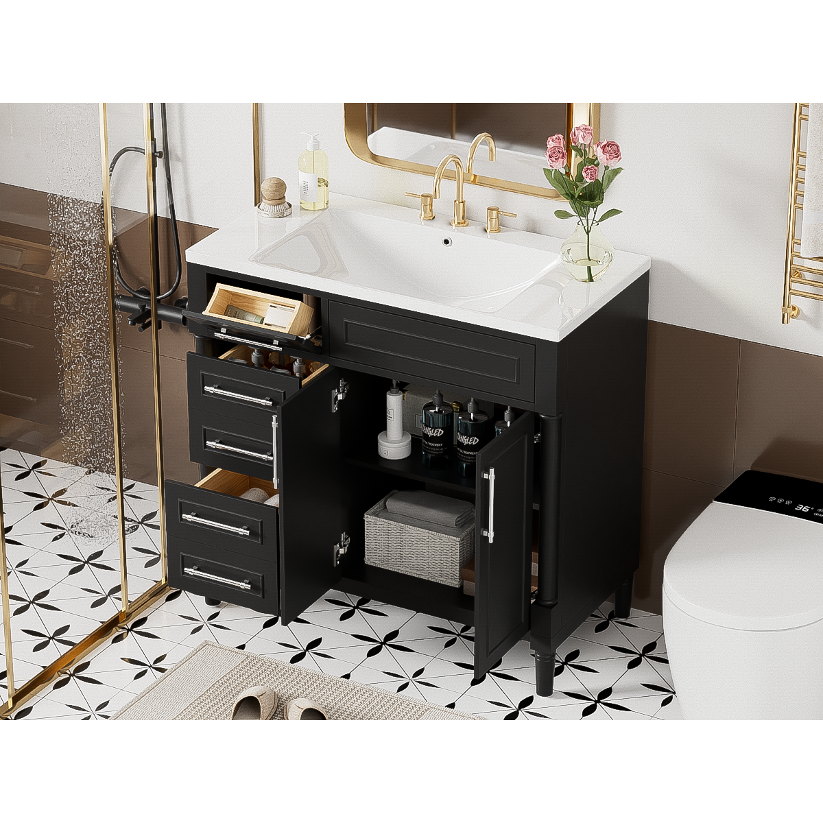 36" Bathroom Vanity with Top Resin Sink, Freestanding Bathroom Storage Cabinet with 2 Drawers and a Tip-out Drawer, Solid Wood Frame Vanity Set, Height Adjustable Shelf