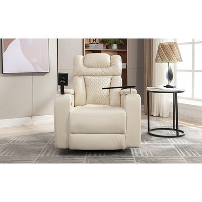 270 Degree Swivel PU Leather Power Recliner Individual Seat Home Theater Recliner with Comforable Backrest, Tray Table, Phone Holder, Cup Holder, USB Port, Hidden Arm Storage for Living Room, White