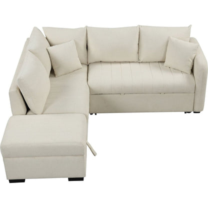 82.6" L-shaped Sectional Pull Out Sofa Bed Sleeper Sofa with Two USB Ports, Two Power Sockets and a Movable Storage Ottoman, Beige