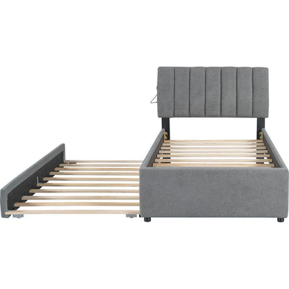Teddy Fleece Twin Size Upholstered Platform Bed with Trundle, Gray