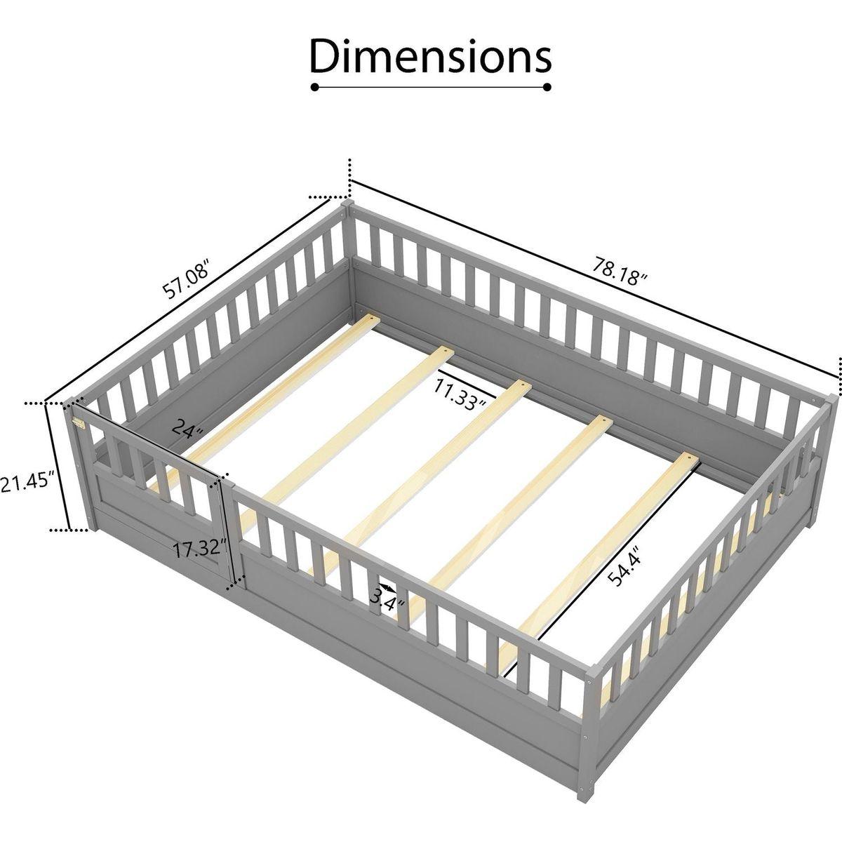 Full size Floor bed, integral construction with super high security barrier, door, children's floor bed frame, Montessori wooden children's floor bed, Support slat Grey