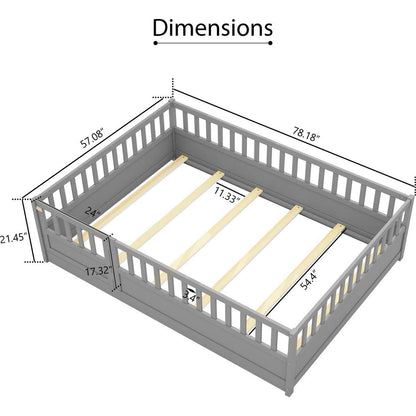 Full size Floor bed, integral construction with super high security barrier, door, children's floor bed frame, Montessori wooden children's floor bed, Support slat Grey