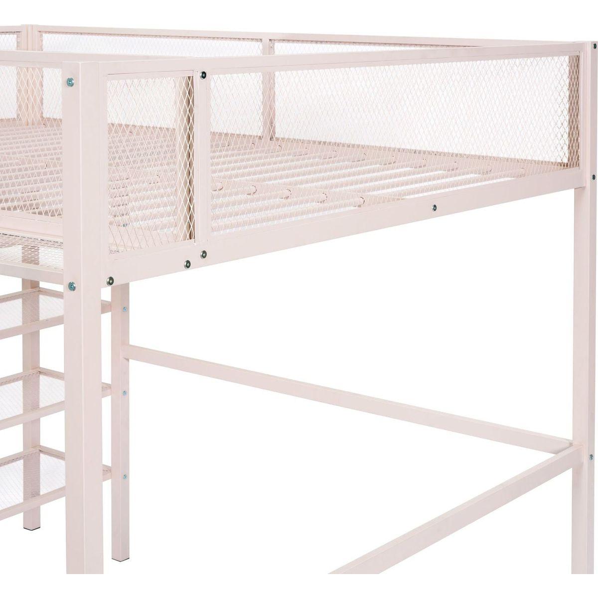 Full Size Metal Loft Bed with 4-Tier Shelves and Storage, Pink