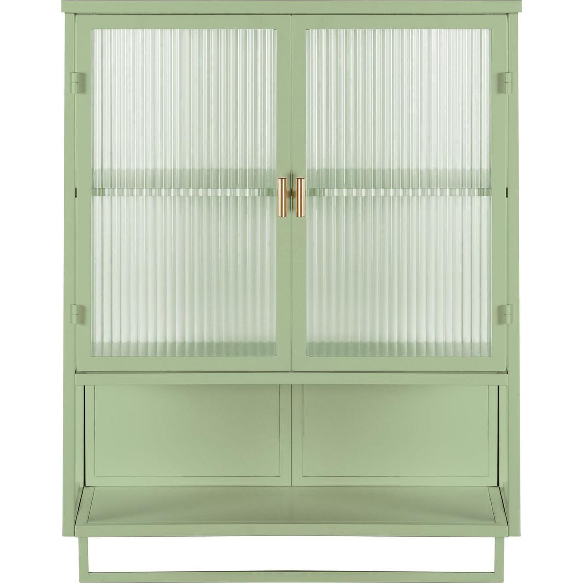 23.62"Glass Doors Modern Two-door Wall Cabinet with Featuring Two-tier Enclosed Storage, an Open Shelf, and Towel Rack, for Entryway Living Room Bathroom Dining Room,Green