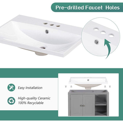 30" Bathroom Vanity with Sink, Bathroom Storage Cabinet with Doors and Drawers, Solid Wood Frame, Ceramic Sink, Grey