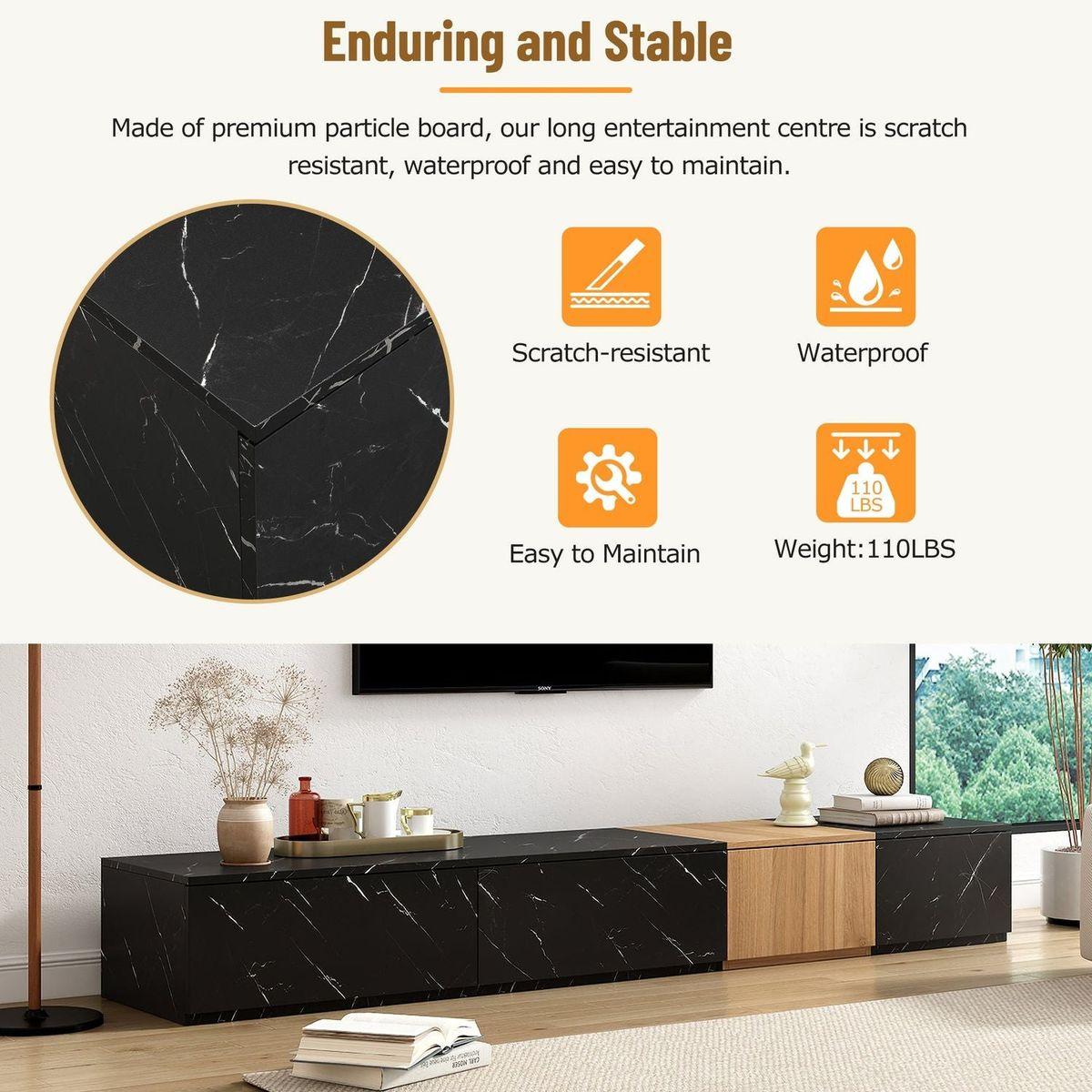 TV Stand with Faux Marble and Walnut Wood Grain Finish for TVs up to 88", Modern Free-Combination Entertainment Center with 4 Storage Drawers for Living Room, Black