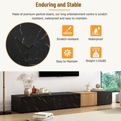 TV Stand with Faux Marble and Walnut Wood Grain Finish for TVs up to 88", Modern Free-Combination Entertainment Center with 4 Storage Drawers for Living Room, Black