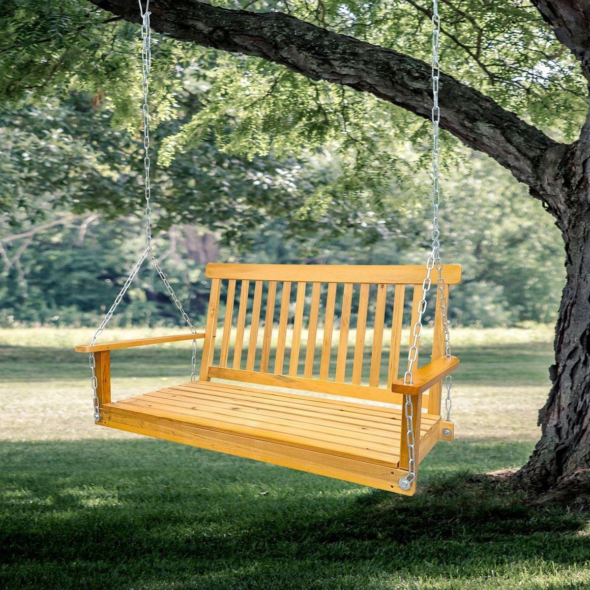 Front Porch Swing with Armrests, Wood Bench Swing with Hanging Chains,for Outdoor Patio, Garden Yard, porch, backyard, or sunroom,Easy to Assemble,teak