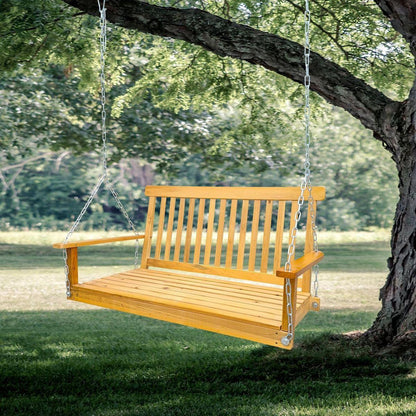 Front Porch Swing with Armrests, Wood Bench Swing with Hanging Chains,for Outdoor Patio, Garden Yard, porch, backyard, or sunroom,Easy to Assemble,teak