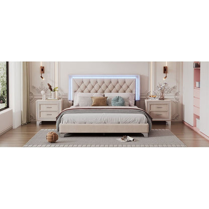 3-Pieces Bedroom Sets,Queen Size Upholstered Platform Bed with LED Lights and Two Nightstands-Beige