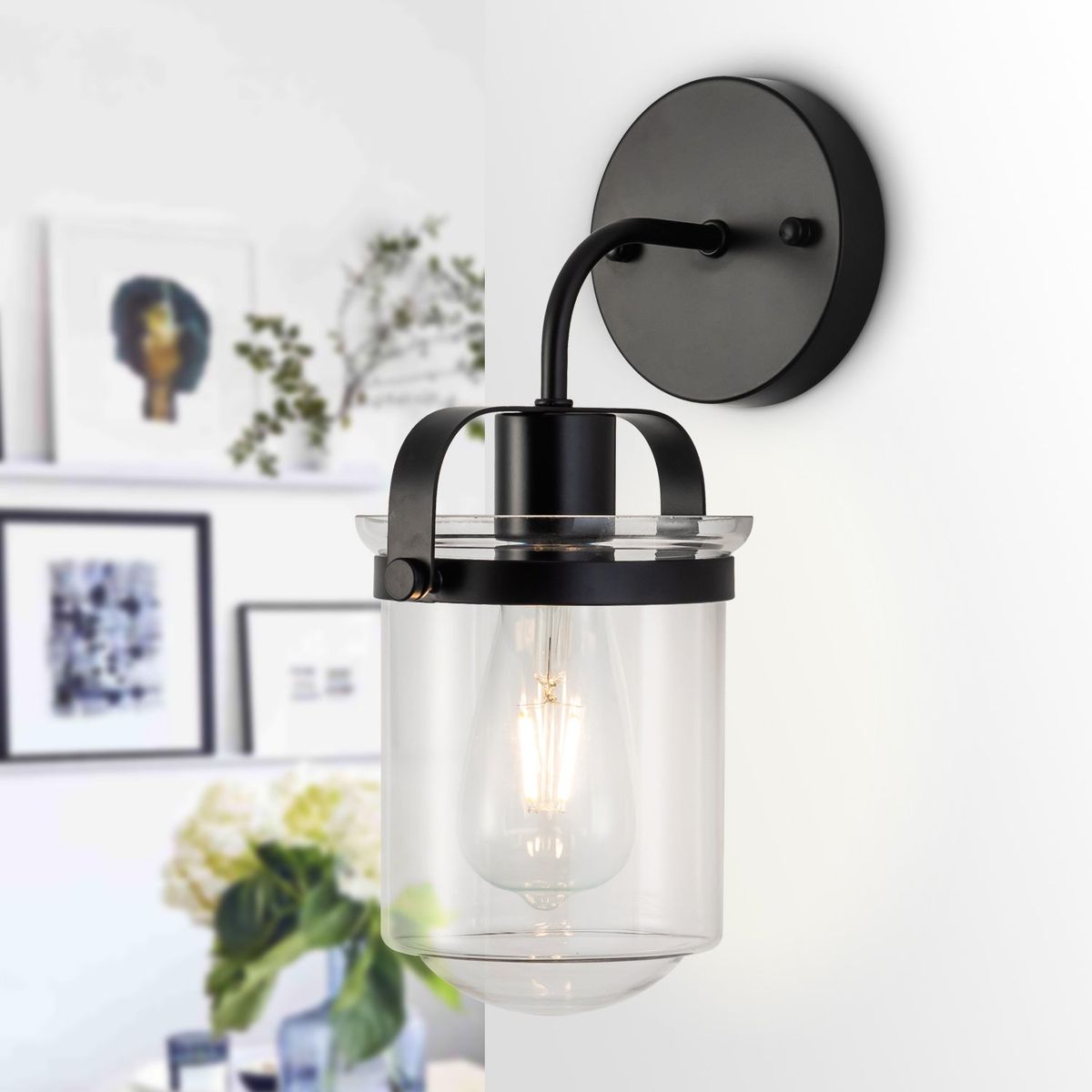 1-Light Wall Lamp with Clear Glass Shade, Modern Wall Sconce, Industrial Indoor Wall Light Fixture for Bathroom Living Room Bedroom Over Kitchen Sink, E26 Socket, Bulbs Not Included