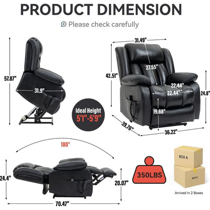 Dual Motor Infinite Position Up to 350 LBS Electric Medium size Genuine Leather Black Power Lift Recliner Chair with 8-Point Vibration Massage and Lumbar Heating