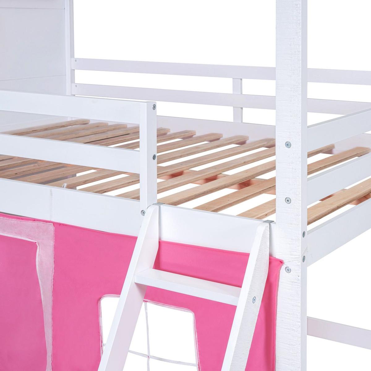 Full Size Bunk Wood House Bed with Elegant Windows, Sills and Tent, Pink+White
