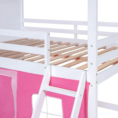 Full Size Bunk Wood House Bed with Elegant Windows, Sills and Tent, Pink+White