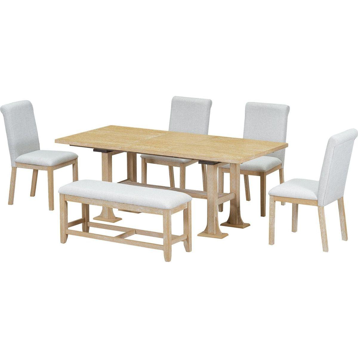 Farmhouse 76inch 6-Piece Extendable Dining Table Set Trestle Kitchen Table Set with 18inch Removable Leaf and Upholstered Dining Chair and Bench for Dining Room, Natural