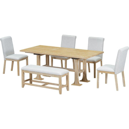 Farmhouse 76inch 6-Piece Extendable Dining Table Set Trestle Kitchen Table Set with 18inch Removable Leaf and Upholstered Dining Chair and Bench for Dining Room, Natural