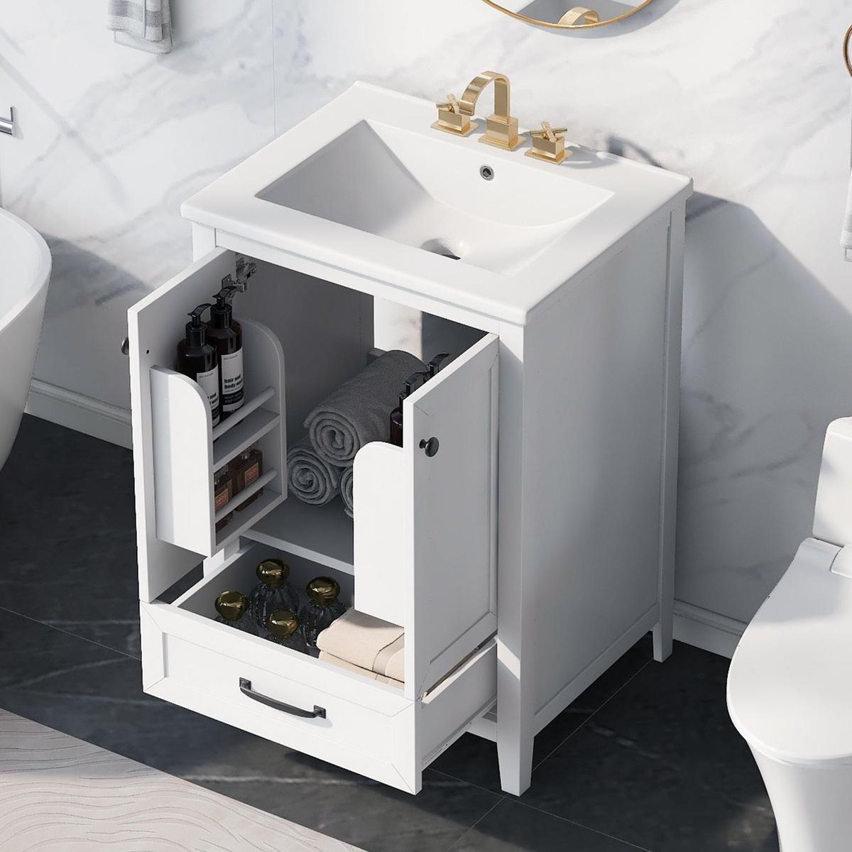 24" Bathroom Vanity with Sink, Bathroom Vanity Cabinet with One Drawer and Doors, Solid Wood and MDF, White