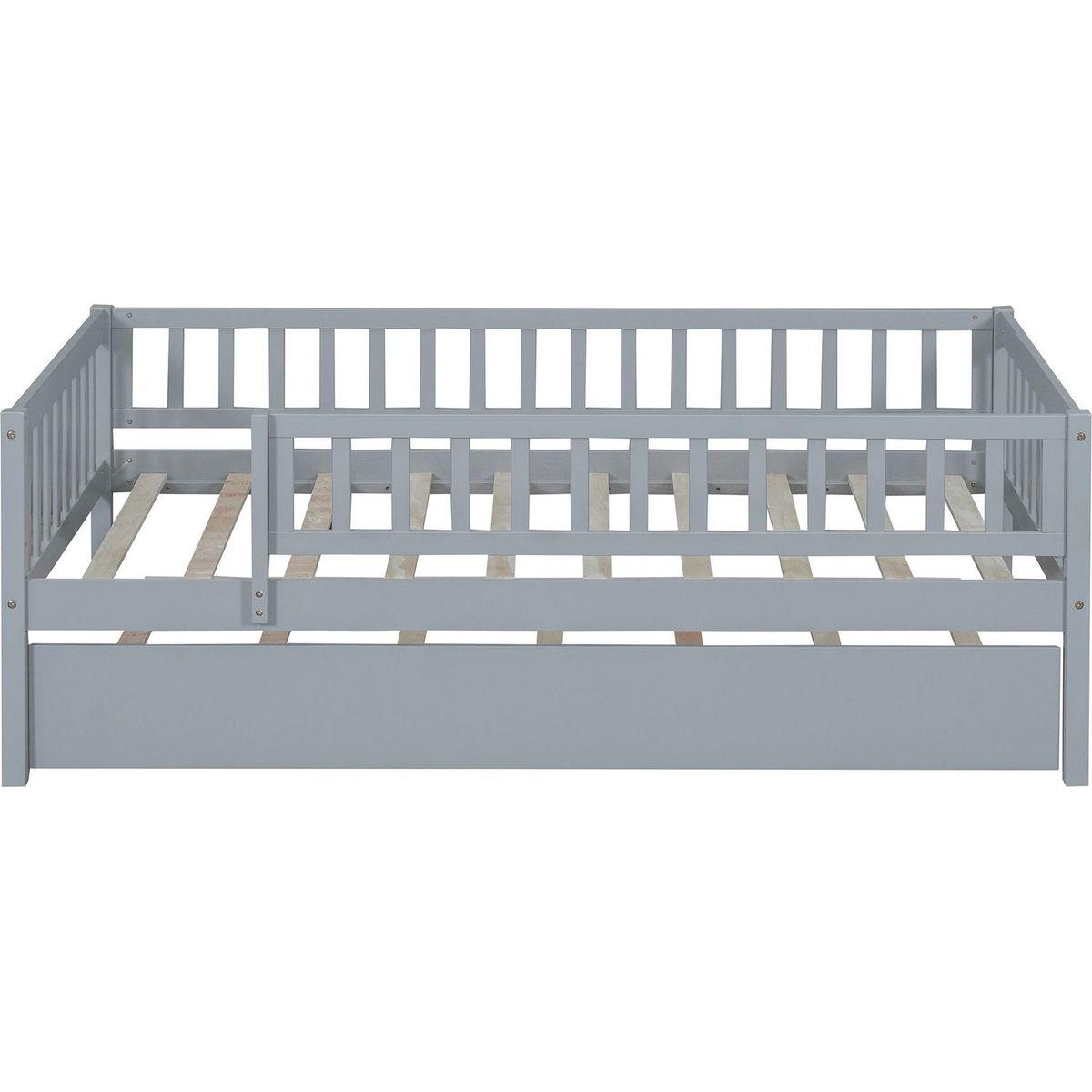 Twin Size Wood Daybed with Trundle and Fence Guardrails, Gray
